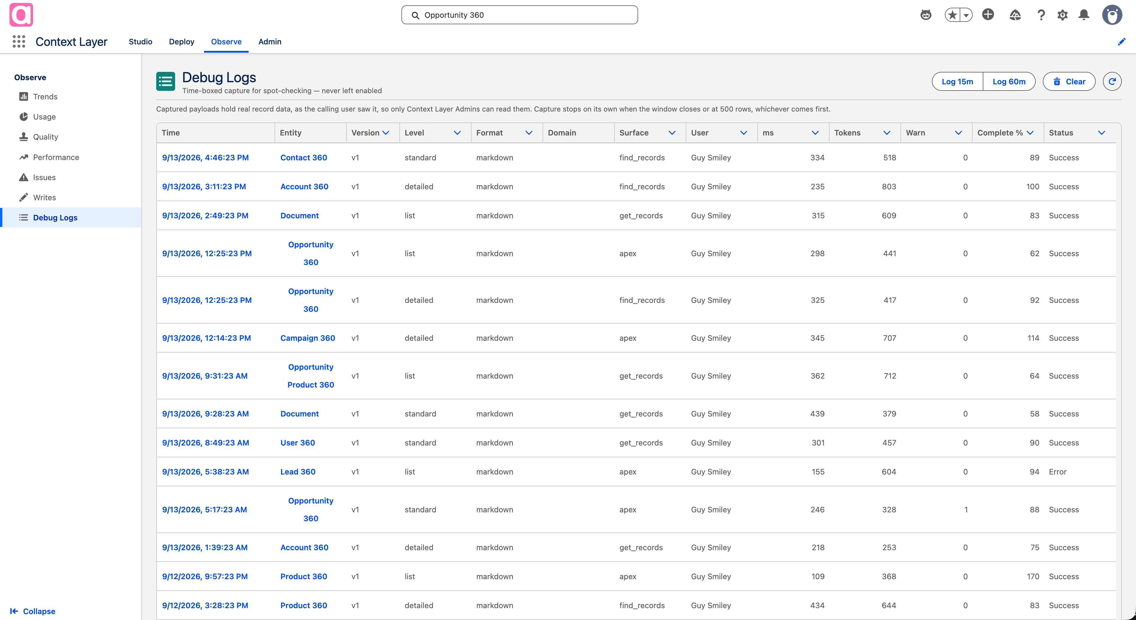 Observe · Debug Logs
